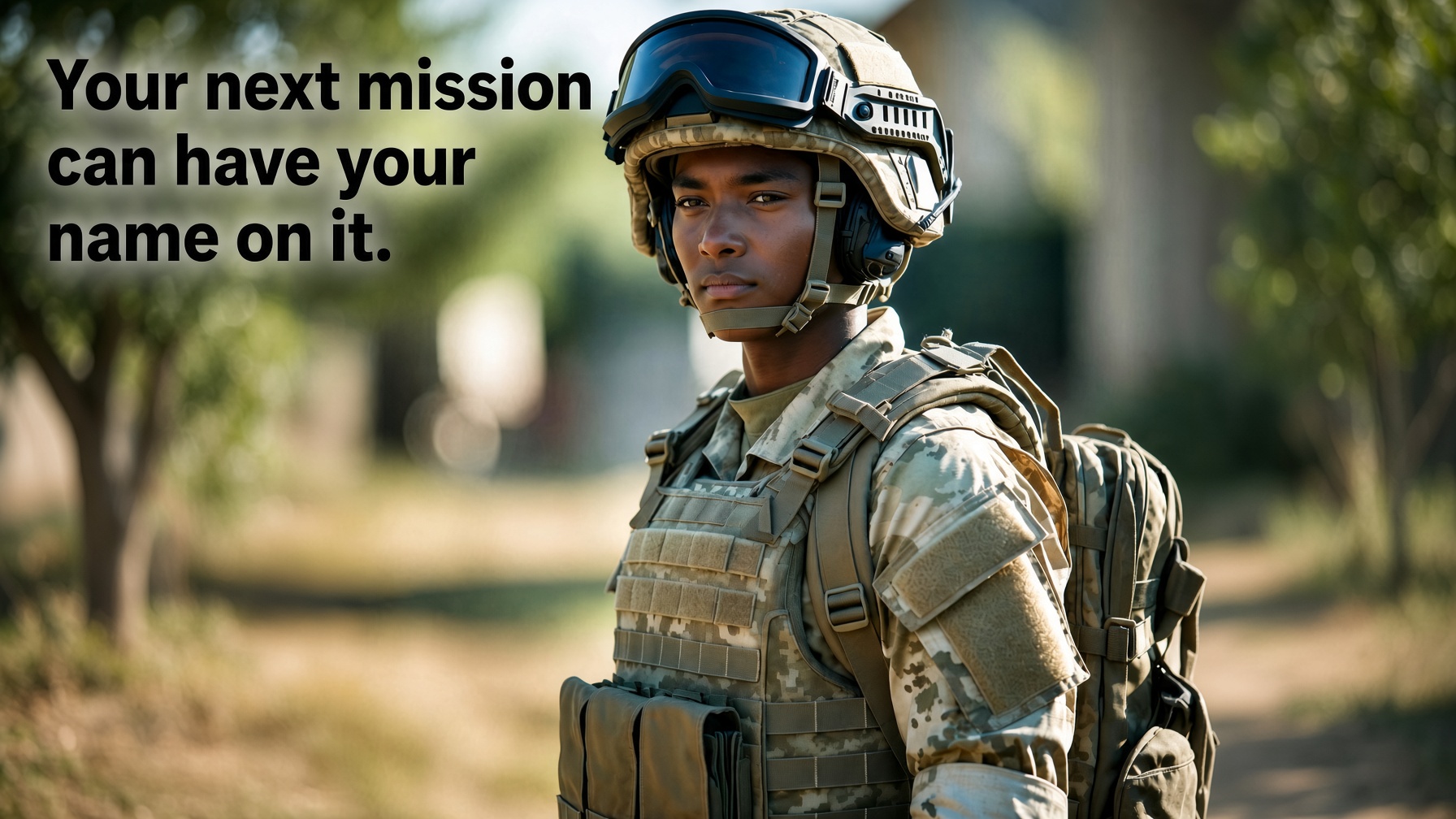 A soldier in a combat helmet and vest, looking at the camera